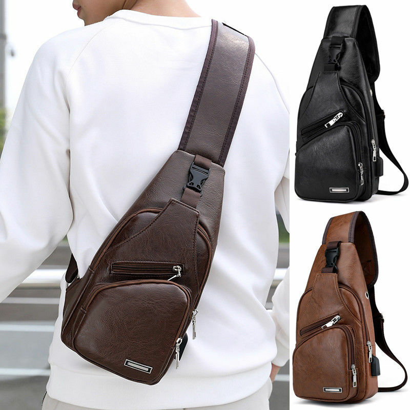 Fashion Outdoor Male Men's Shoulder Bag Sling zipper Canvas Chest Pack PU Leather USB Charging Sports Crossbody Bag one size