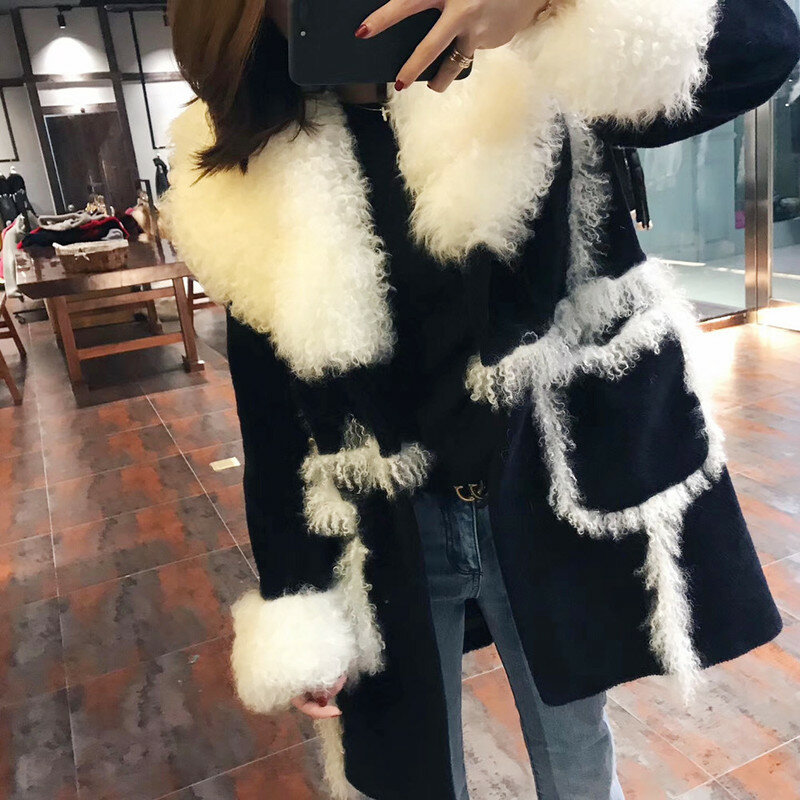 Abrigo largo con cuello de piel de oveja de Mongolia Real para mujer, chaqueta para esquilar, ropa de invierno, 2023, KJ1060