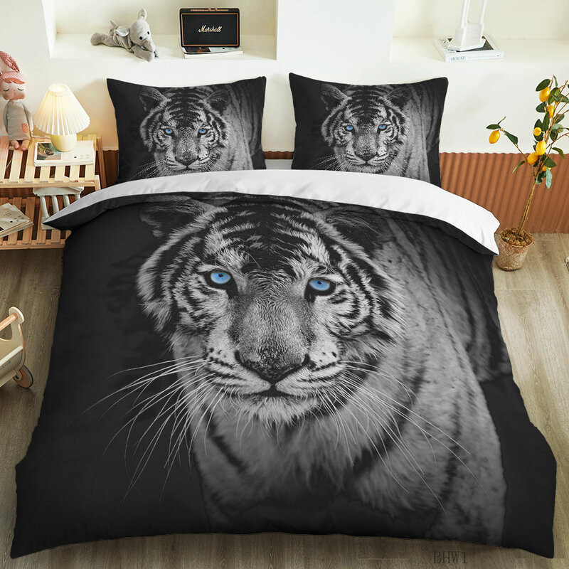 Funda de edredón de Tigre, León y leopardo para niño, juego de cama 3d, funda de almohada