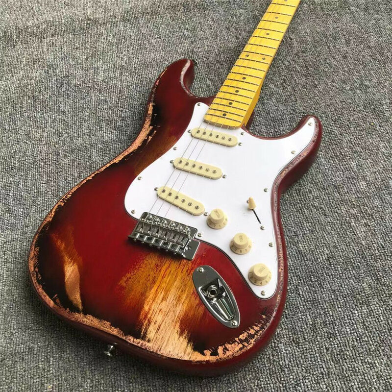 Estoque, guitarra elétrica antiga feita antiga, vermelha, fotos reais, frete grátis, conjunto de pôr-do-sol, vermelho, tábua de dedo de bordo