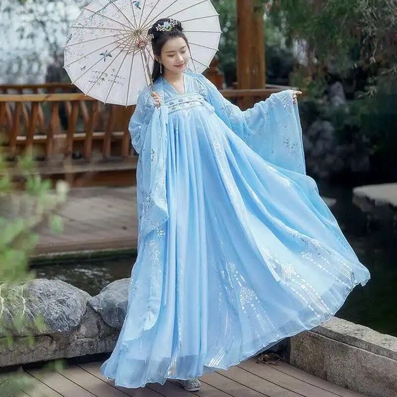 Trajes de rendimiento tradicionales chinos antiguos, disfraz de fantasía para parejas, vestido chino de talla grande, blanco, azul, para mujeres