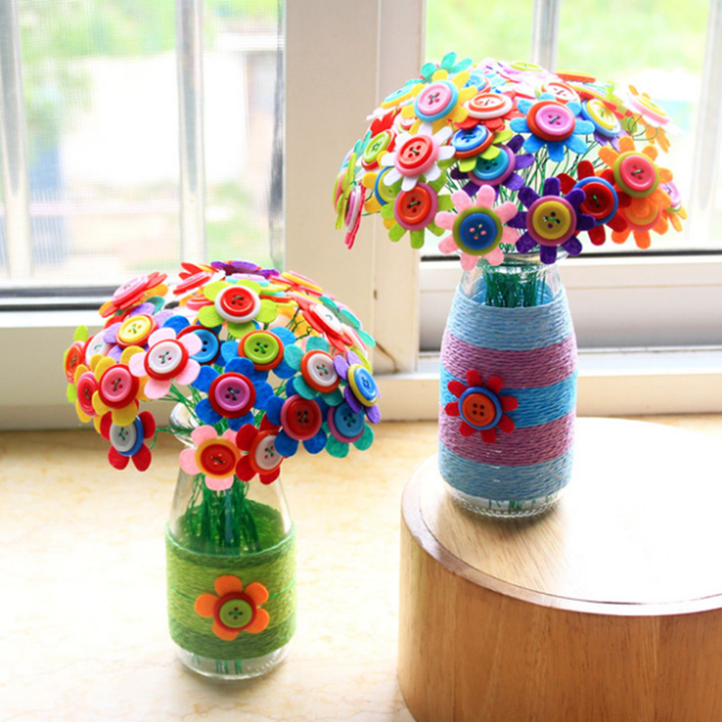 DIY educativo hecho a mano para niños, Kit de manualidades de flores con botones para decoración del hogar, juguete de manualidades creativas para niños y guarderías