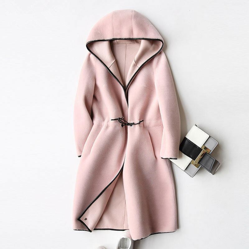 Mantel Bulu Asli Wol Baru untuk Wanita Jaket Domba Musim Dingin dan Mantel Mantel Kulit PU Panjang Bertudung 37952 WYQ757