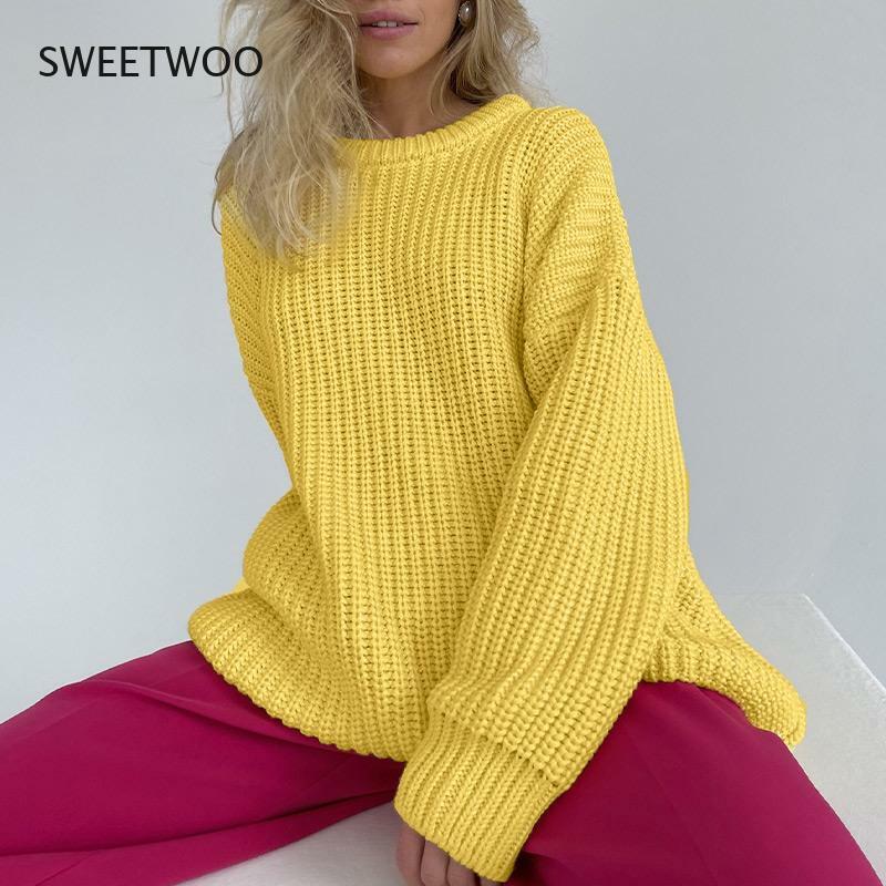 Женский вязаный утепленный пуловер, свитер, повседневный свободный Однотонный свитер оверсайз с длинным рукавом, Осень-зима 2021
