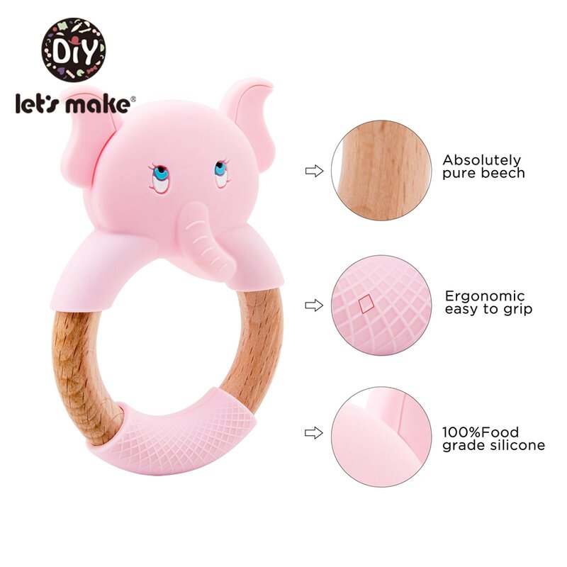 Let's Make 1pc Baby Toys Silicone Baby Teether Beech Wooden Ring Hand Teething Rattles Musical Chew Play Gym Montessori Stroller