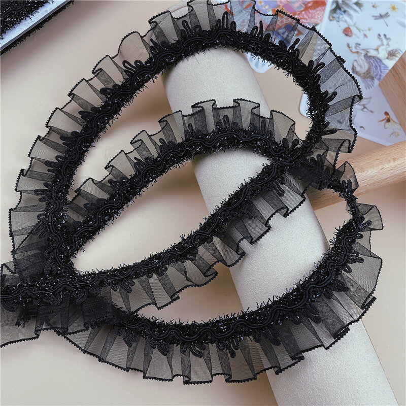 Hot Sale Black Shiny Pleated Lace For Crafts Ribbon DIY Wedding Dress Bag Hat Headwear Skirt Clothes Sewing Material Accessories