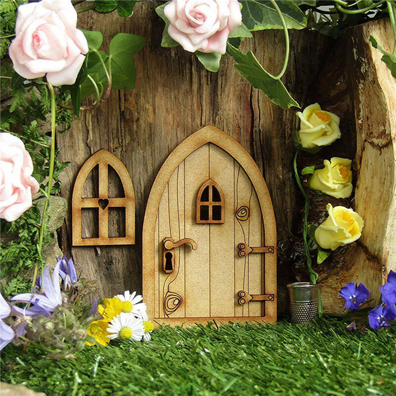 Porta de madeira Fairy Elf para jardim Mini Tree Hole, pintura DIY, decoração vintage, acessórios de artesanato de bonecas