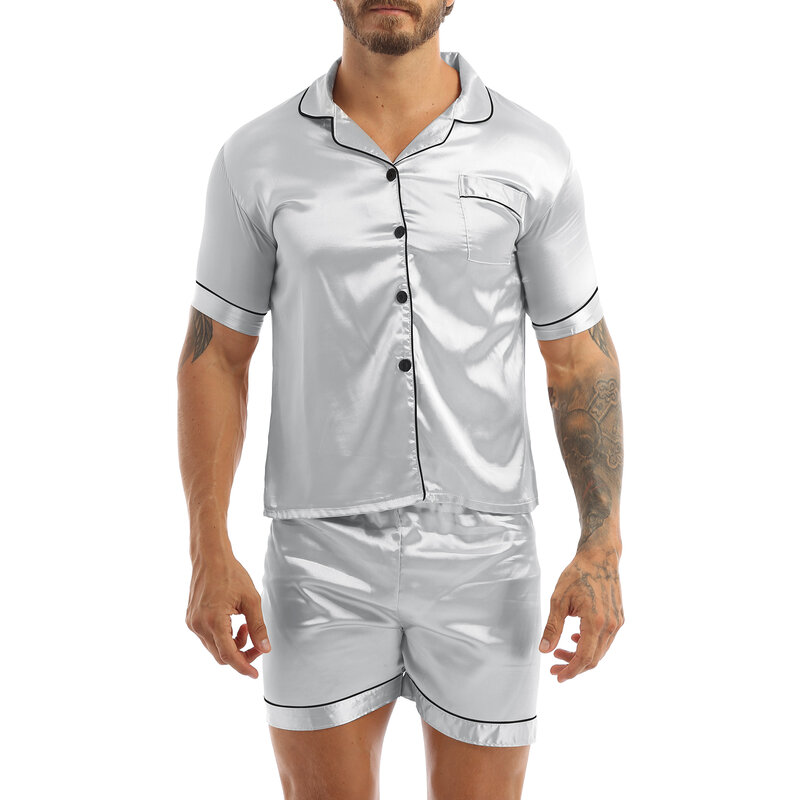Модный Мужской Шелковый Атласный пижамный комплект, Однотонная футболка с коротким рукавом и пуговицами, топы с эластичным поясом, боксеры, шорты, одежда для сна