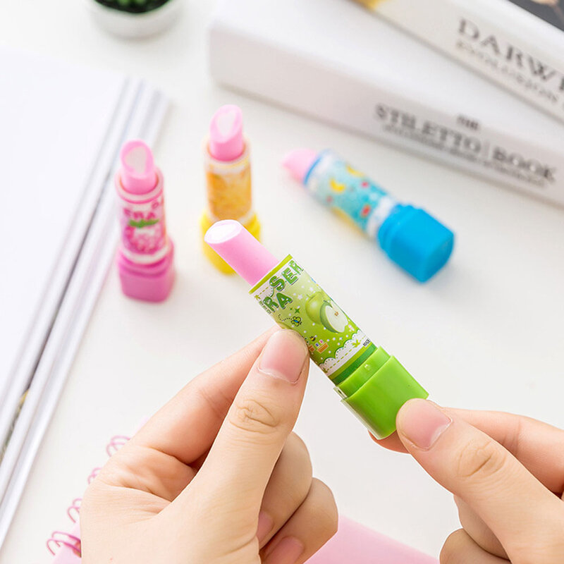 1PC Creative Fruit Pattern Lipstick Shape Eraser Students Stationery School Office Supplies Color Random