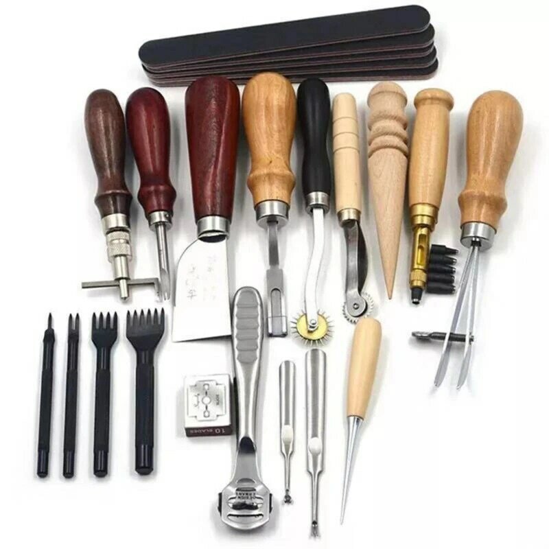 Kit de herramientas de artesanía de cuero profesional, accesorios de costura a mano, punzón, tallado, sillín de trabajo, bricolaje