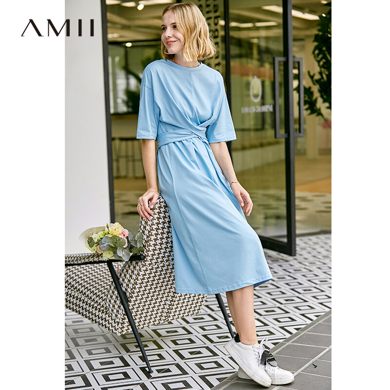 Amii Minimalist Women Dress Spring Summer Causal Solid Short Sleeve Belt Lace Up O Neck Cotton high waist Elegant Dress 11960107