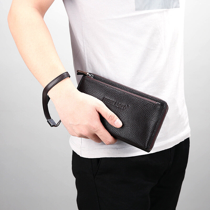 Top Layer Cowhide Men's Day Clutch Male Zip Long Wallet Phone Case Man Handbag, Black&Brown