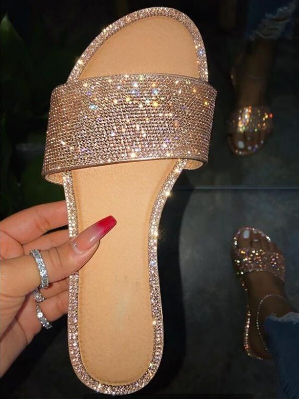 Sandalias de plataforma con cuña ostentosa para Mujer, zapatos planos hechos a mano con diamantes de imitación, informales, para verano