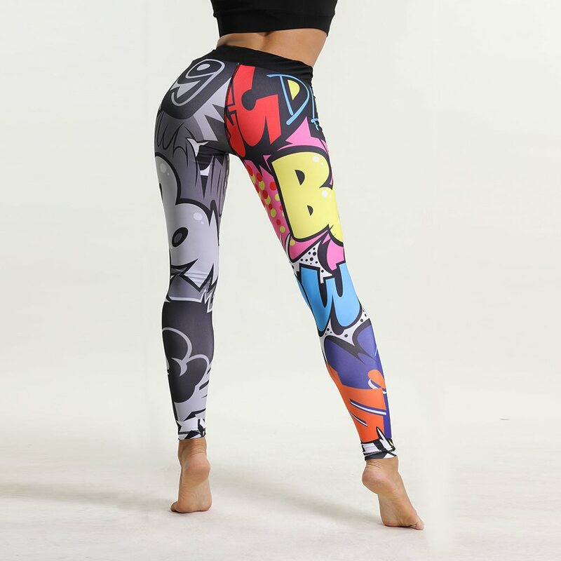 Svokor-leggings com design graffiti para mulheres, leggings de cintura alta com design cartoon, para fitness e ginásio
