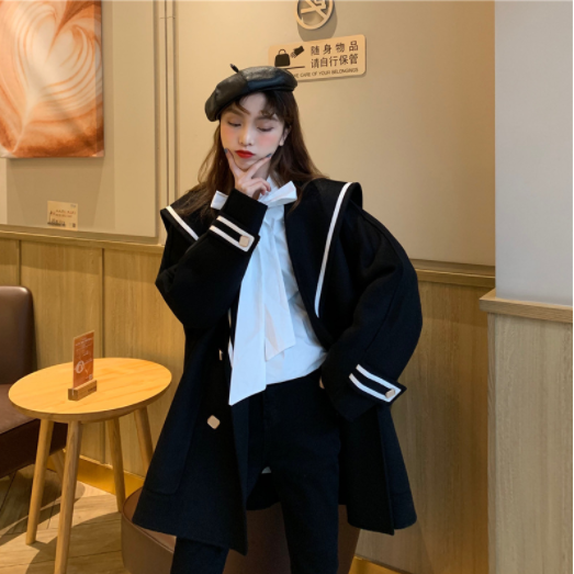 2022 New Spring Autumn Navy Lapel Woolen Coat Female Mid-Long New Korean Style Women's Outerwear Faux Wool Coats