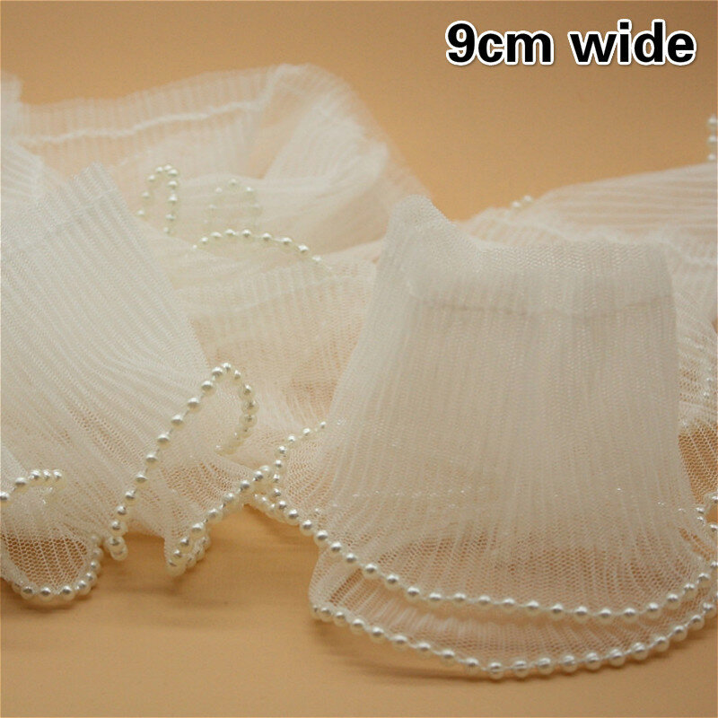Free Shipping Double Pleated Pearl Ruffled Stretch Lace DIY Clothes Neckline Way Skirt Hat Sewing Decorative Fabric