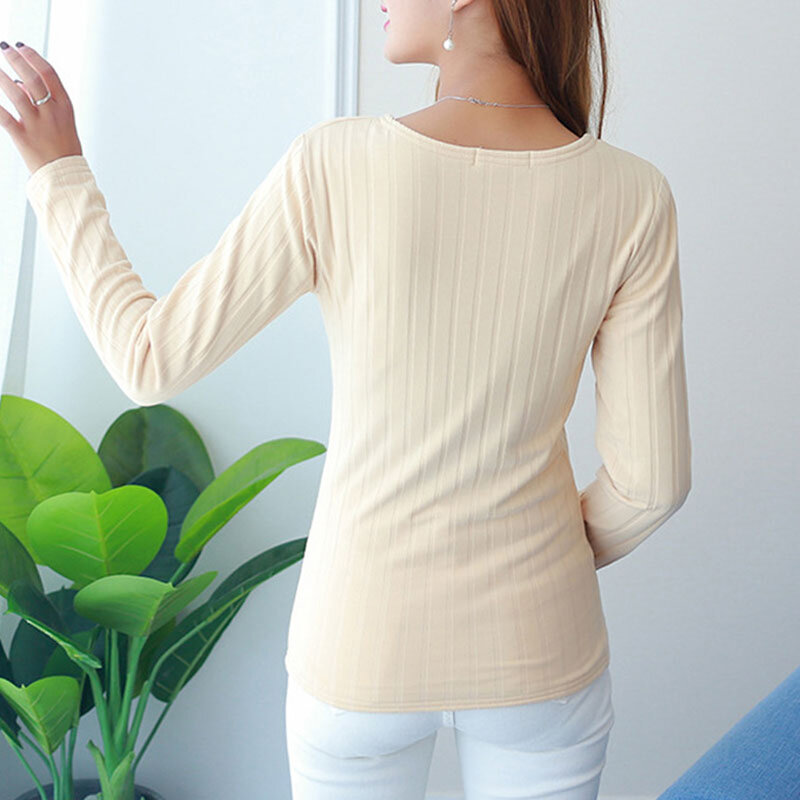 2021 Spring Velvet Long Sleeve T Shirt Women Undershirt Solid Plush O Neck Elastic Tops Female Slim Warm Shirt Winter