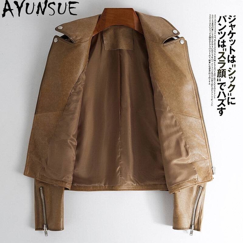 AYUNSUE-오토바이 가죽 자켓, 여성 100% 진짜 양피 코트 짧은 옷 봄 가을 패션 2020