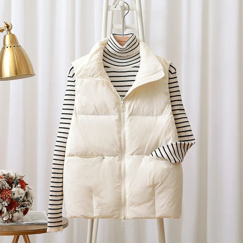 여성 가을 짧은 흰색 오리 조끼 스탠드 칼라 패션 느슨한 아래로 퍼퍼 자켓 패션 겨울 조끼 코트 Femme