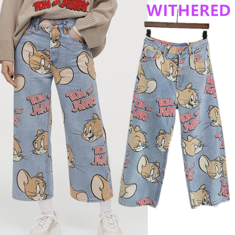 Withered 2020 été jean femme angleterre haute rue dessin animé chat souris imprimer taille haute jean ample droite maman jean pour les femmes