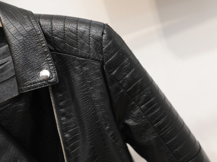 Faux Leather Jacket Women Detachable Hem 2021 Sping AutumnNew Short Locomotive Crocodile Skin Texture Biker Coat