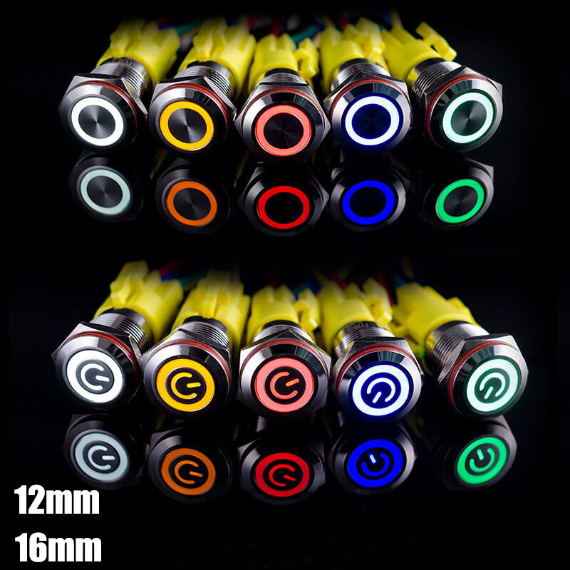Автомобильный кнопочный переключатель, 3 в, 5 В, 12 В, 24 В, 220 В, самоблокирующийся, 12 мм, 16 мм, сброс питания, желтый, зеленый, красный, синий, белый, светодиодный водонепроницаемый металлический переключатель