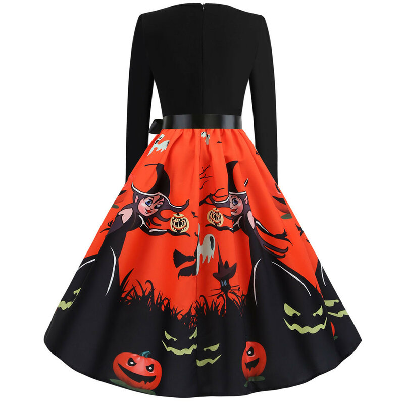 2020 Newest Halloween Women Vintage Long Sleeve Halloween Costume Housewife Evening Party Prom Full V-Neck Pleated Dress