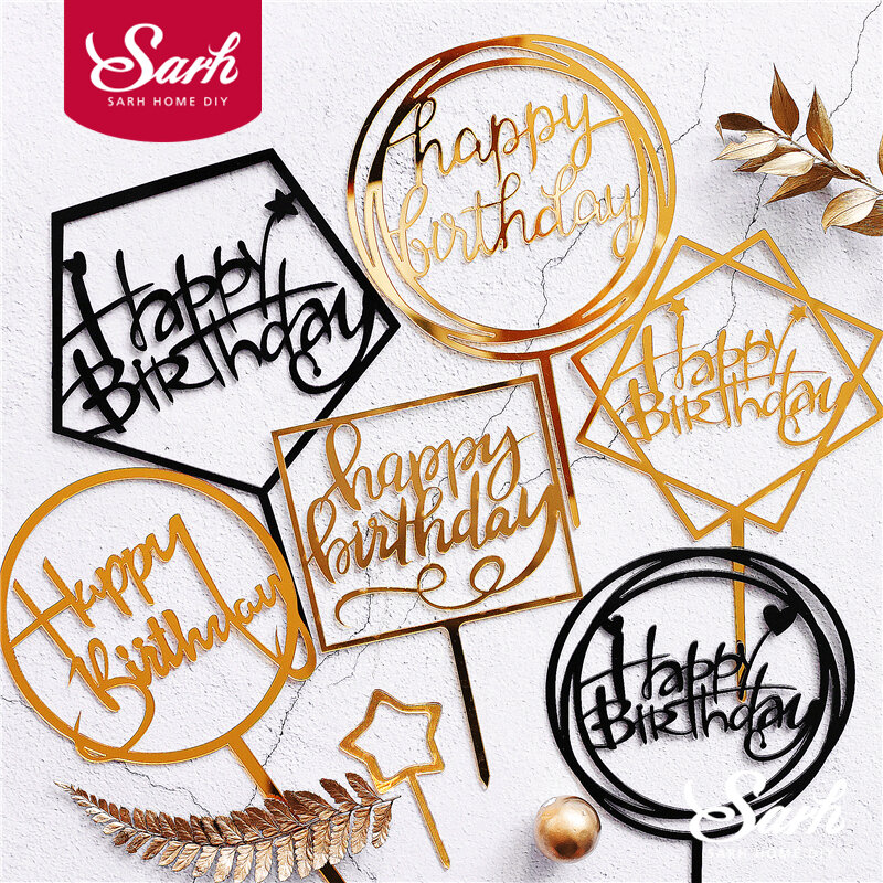 Gold Silver Black Acrylic Hand writing Happy Birthday Cake Topper Dessert Decoration for Birthday Party Lovely Gifts
