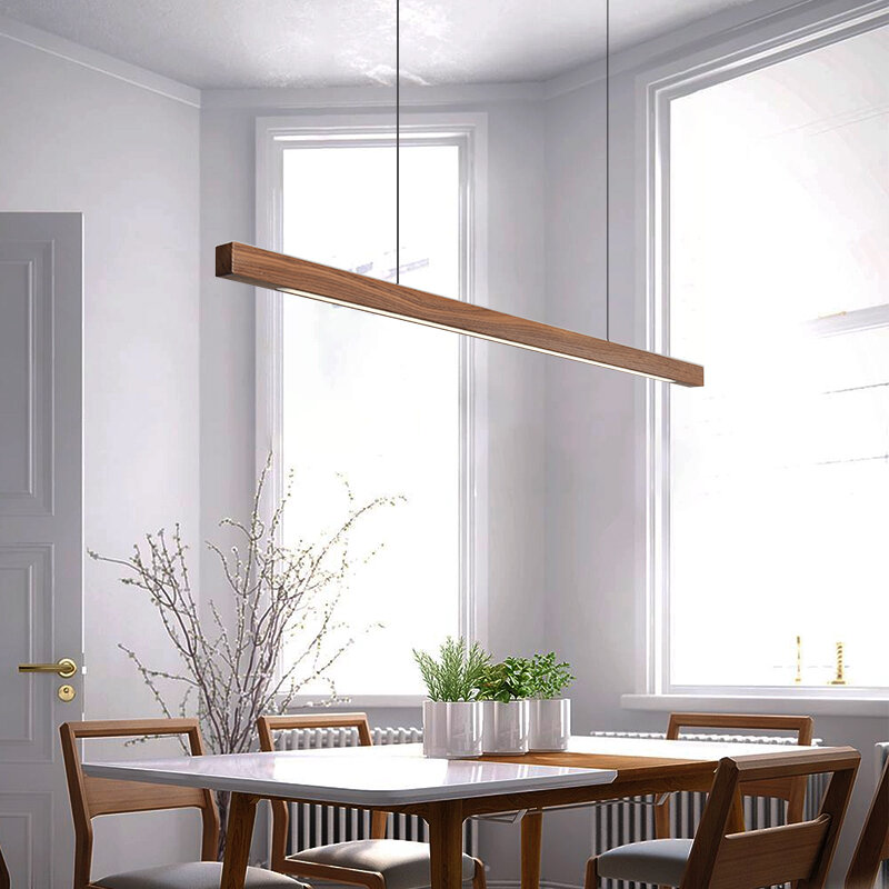Luzes pingente de madeira pendurado lâmpada mesa moderna led longo linear luz ilha da cozinha iluminação para sala jantar escritório