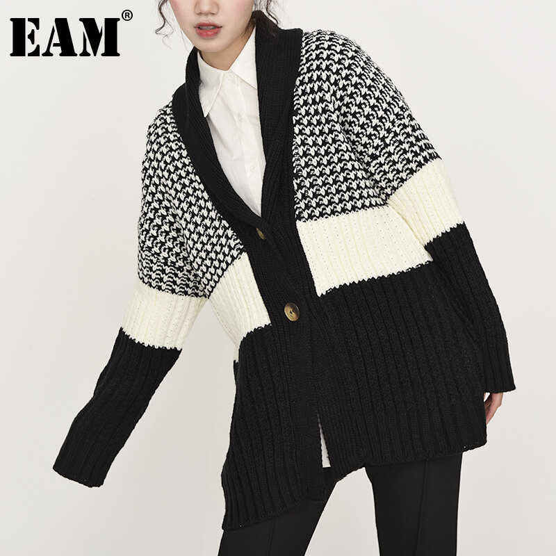[EAM] Plaid Black Big Size Knitting Cardigan Sweater Loose Fit V-Neck Long Sleeve Women New Fashion Autumn Winter 2021 1Y18001
