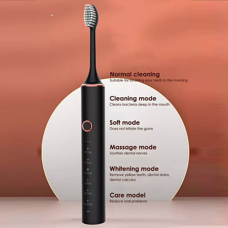 Nieuwe N100 Sonische Elektrische Tandenborstel Volwassen Timer Borstel 6 Mode Usb Oplader Oplaadbare Tandenborstels Vervangende Koppen Set