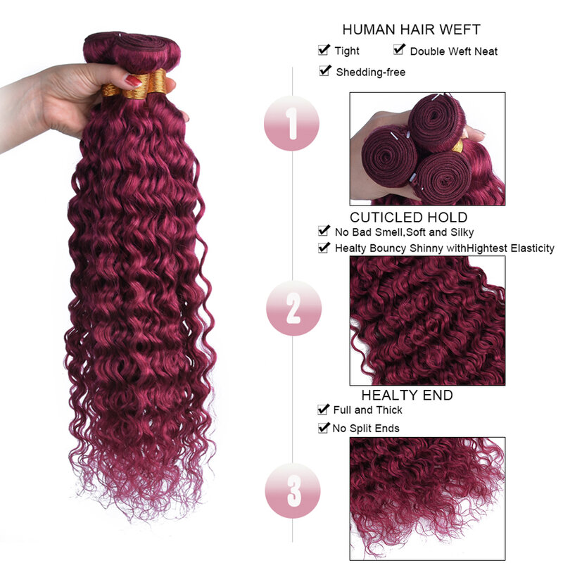 HairUGo-mechones de pelo brasileño ondulado al agua, extensiones de cabello humano Remy, 1/3/4 Borgoña, tejido