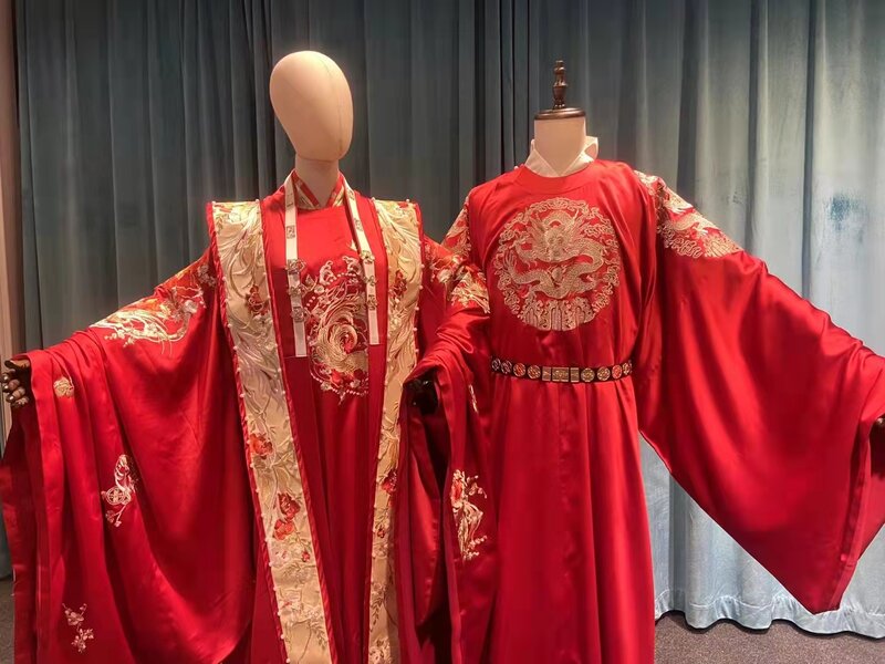 Dynastia Ming najwyższej jakości haft panna młoda pan młody ślub Hanfu zestaw tradycyjny chiński kostium para kochanków strój małżeństwa