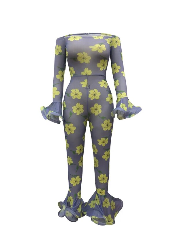 BKLD Jumpsuit lengan panjang bahu terbuka untuk wanita, Jumpsuit jaring tembus pandang celana Flare motif bunga baru musim panas 2024