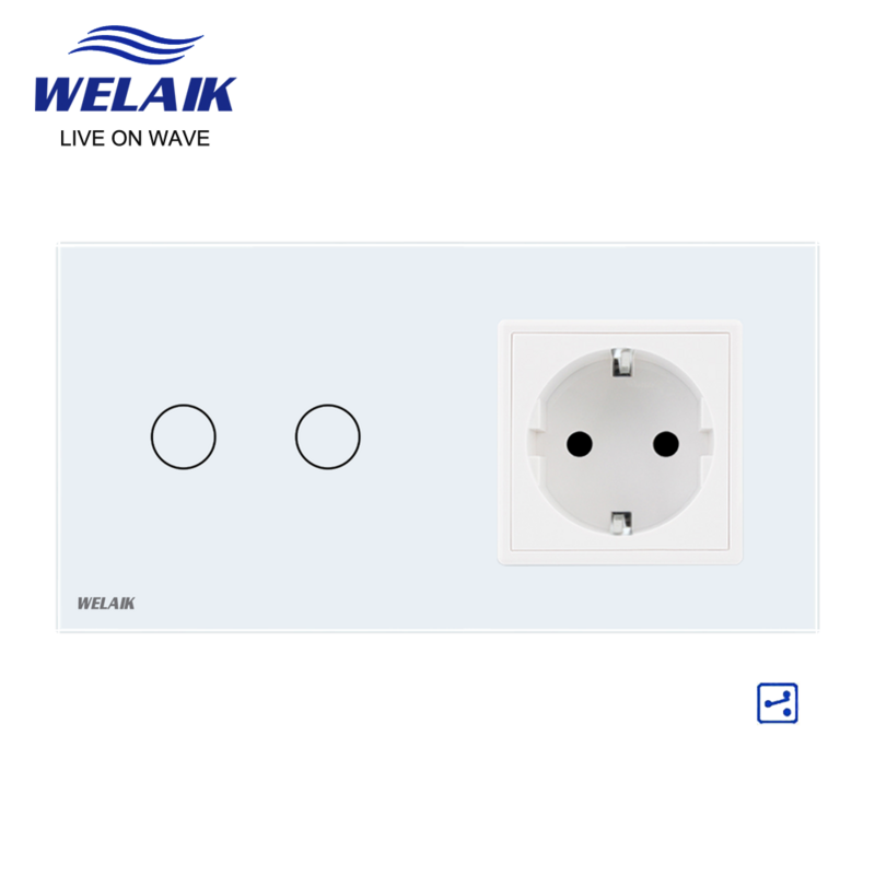 WELAIK-Panel de vidrio templado para pasillo, 2 marcos de la UE, 1 ~ 1000W, 2 entradas, 2 vías, tira de luz LED, Interruptor táctil de pared, toma de corriente de 16A, 220V