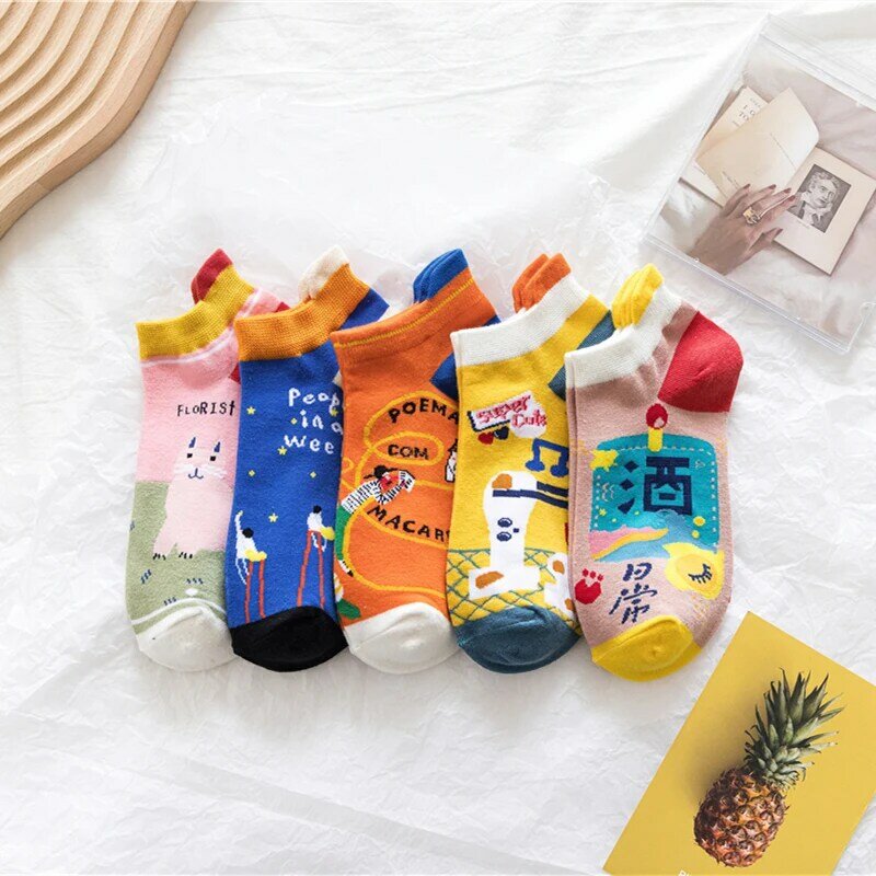 Design original, novos produtos, 5 pares de meias de animais adoráveis, meias de algodão para o verão, meias respiráveis de lazer divertido femininas