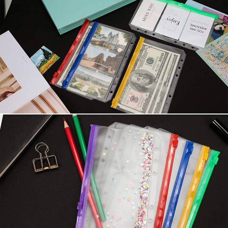 A6 Size 6 Holes Binder Pockets, Plastic Colorful Binder Zipper Folders Waterproof PVC Pouch Document Notebooks Cards Filing Bags
