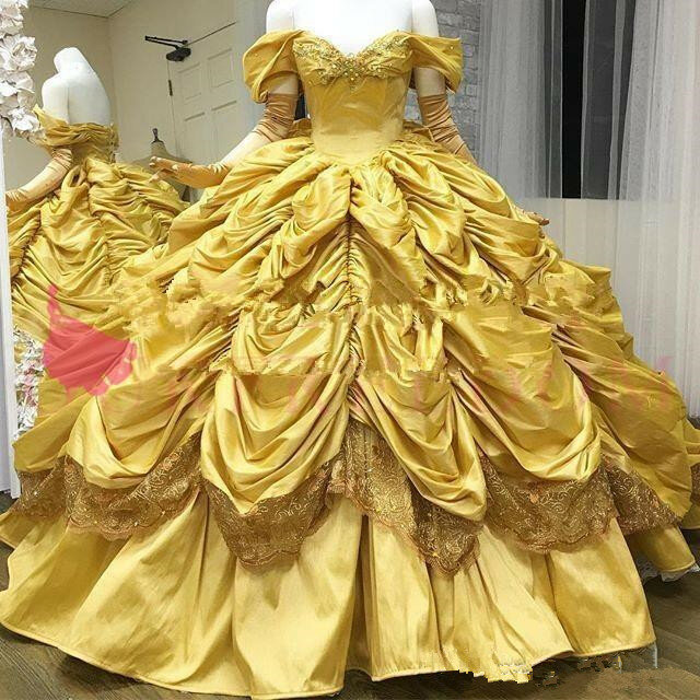 2020 Gorgeous Gold Quinceanera ปิดชุดไหล่เจ้าหญิง Taffeta Gothic Ball Gown กระโปรง Ruffles หวาน16 18พรหม