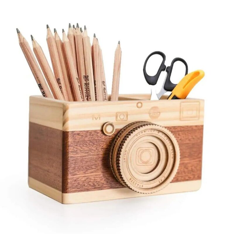 Porte-crayon en bois avec appareil photo créatif, organisateur de maquillage, papeterie de bureau à domicile, porte-stylo