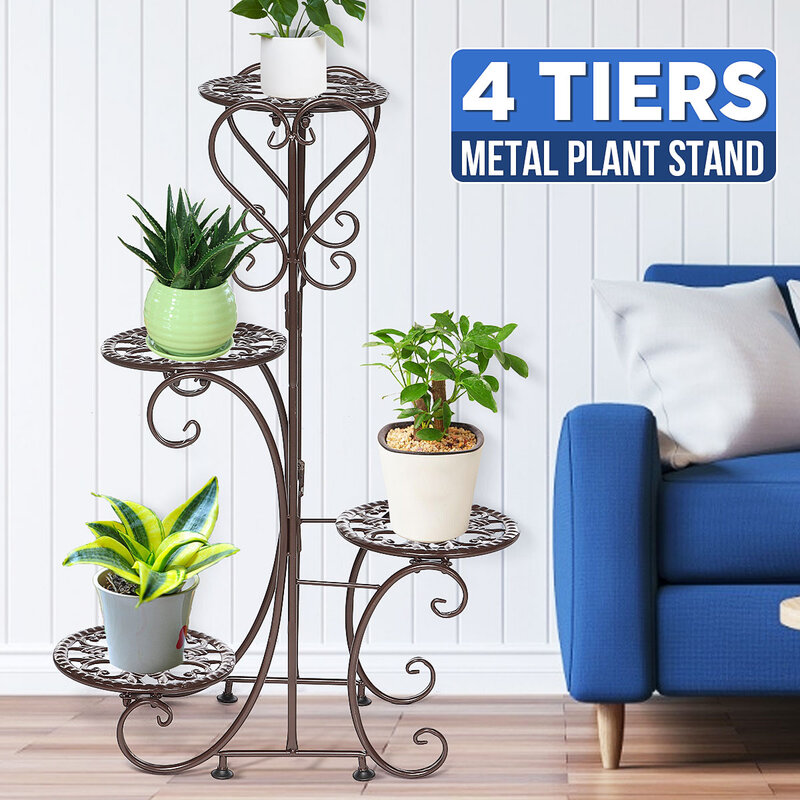 Étagère à plantes en fer à 4 niveaux, étagère à fleurs nordique en métal à plusieurs niveaux, support à plantes, décor de jardin de cour extérieure