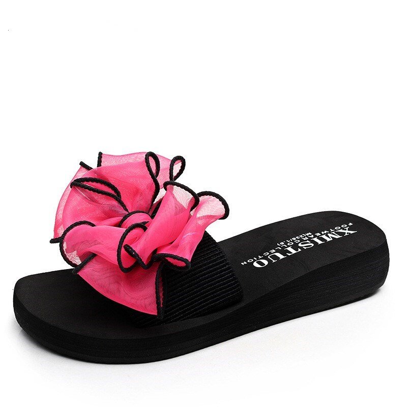 Letnie buty kobieta moda Bowtie platformy kapcie kąpielowe Wedge Beach klapki japonki szpilki kapcie dla kobiet Lady buty komfort
