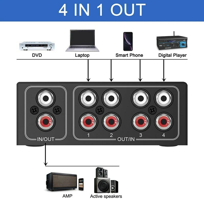 Sakelar Audio Dua Arah Saluran Suara L/R Stereo 4 Arah, 1 In 4 Out /4 In 1 Out, Pemisah Sakelar Audio untuk Speaker