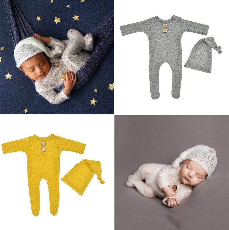Accesorios de fotografía para recién nacido de 0 a 1 mes, Pelele de lana tejido para bebé, conjunto de 2 unids/set