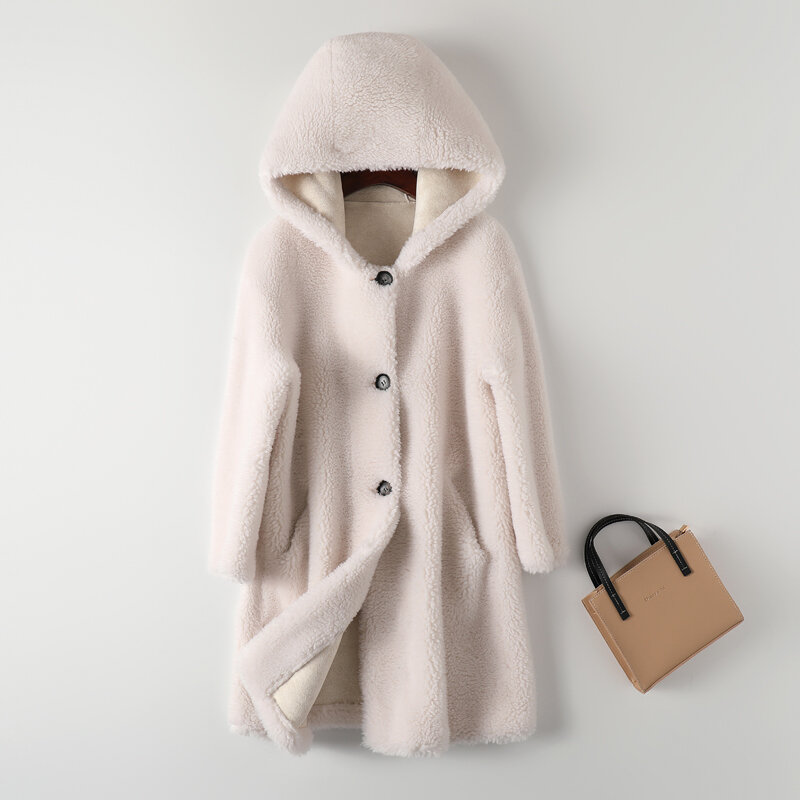 Casaco de pele de cordeiro para mulheres, jaqueta granulada genuína de corte de ovelha casual com capuz quente para senhoras, inverno, novo, M148, 2023