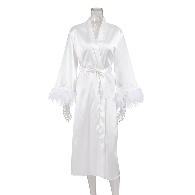 Hiloc Flare Sleeves abiti di piume con pelliccia bianco abiti da sposa Sexy abiti da donna accappatoio in raso indumenti da notte femminili moda 2022
