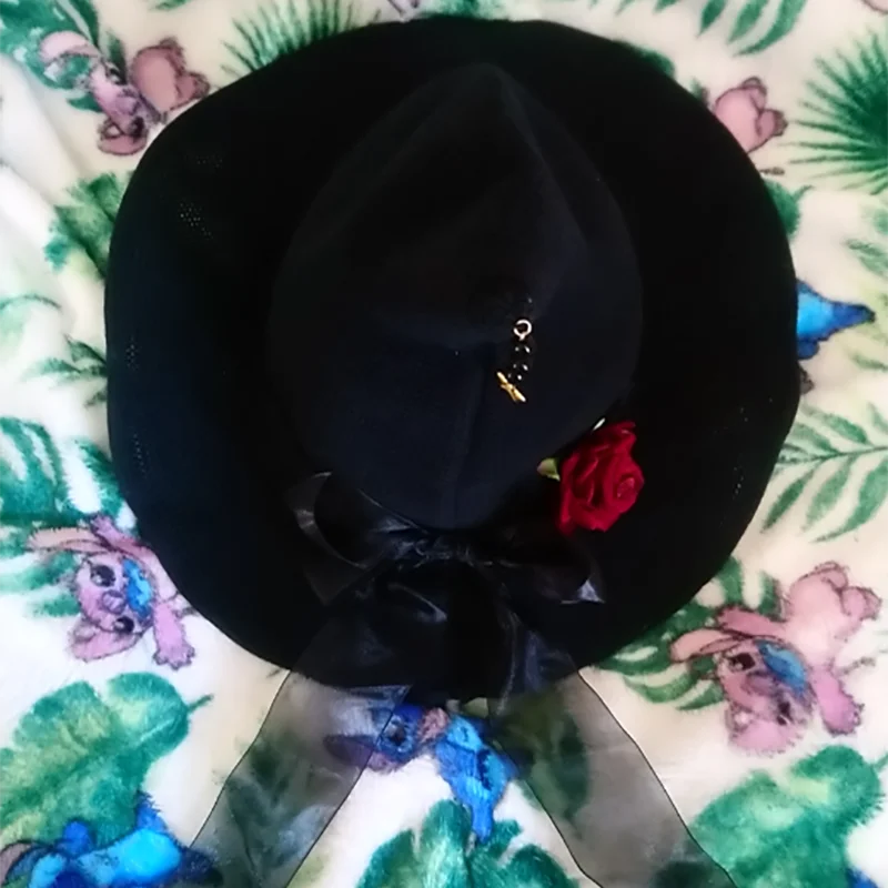 Sombrero de bruja gótico Lolita, niña, lazo rosa roja, cinta Floral colgante, sombrero de bruja, accesorios de Halloween