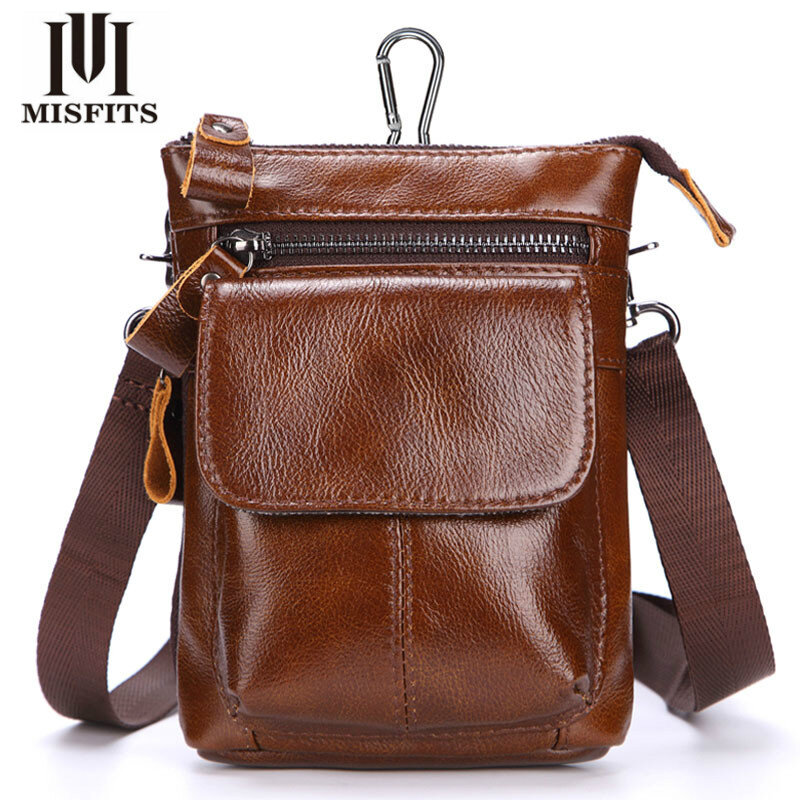 MISFITS Men's Waist Bags Genuine Leather  Man Chest Bag Fashion Crossbody Shoulder Many Compartments Large Capacity Phone Purse