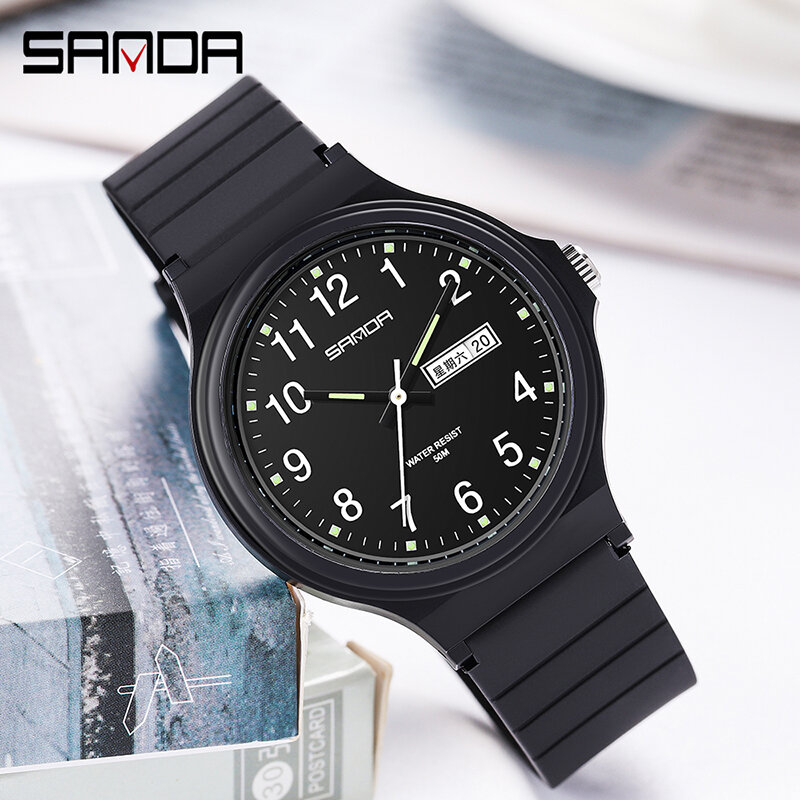 Часы наручные Sanda женские кварцевые, модные брендовые простые водонепроницаемые в минималистском стиле, чёрные белые