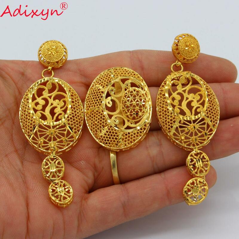 Adixyn (pięć desigh) moda długi naszyjnik/kolczyki/pierścionek zestaw biżuterii kobiety arabska biżuteria w kolorze złotym akcesoria ślubne N01044