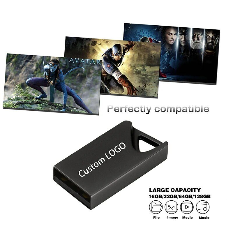 JASTER-Mini pendrive USB 128, unidad Flash de Metal negro y plateado con llavero, 4G, 8G, 16G, 32GB, 64GB, 2,0 GB, LOGO gratis de más de 10 piezas